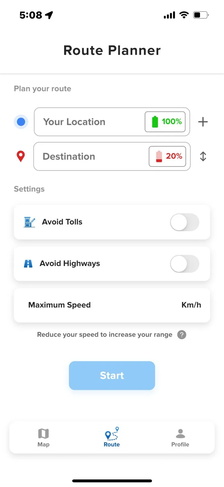 The route planner screen with starting charge, destination charge, and options to avoid tolls and highways.
