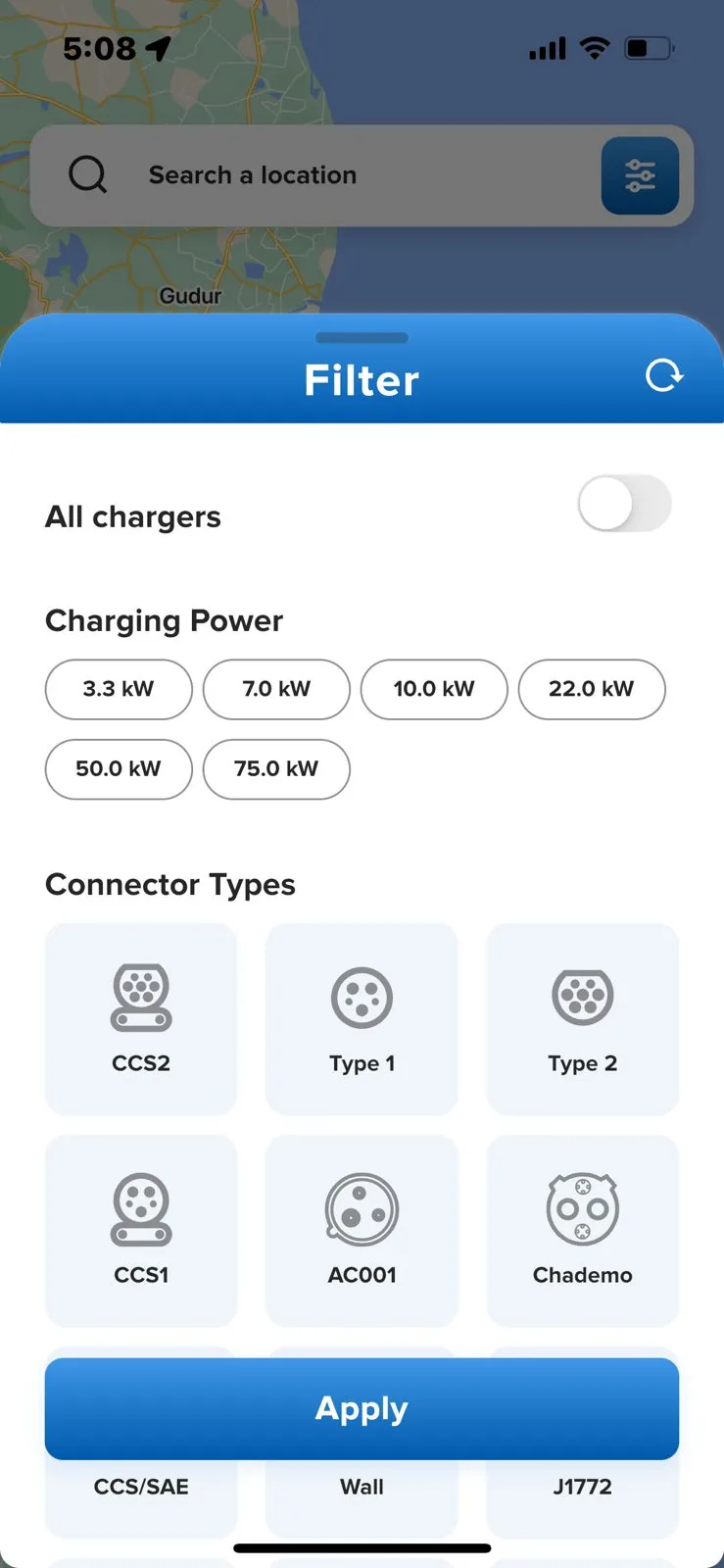 A filter screen listing charging power options and connector types including CCS2, Type 1, Type 2 and CHAdeMO.