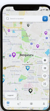 The Plugeasy driver app showing charging stations across Bengaluru.